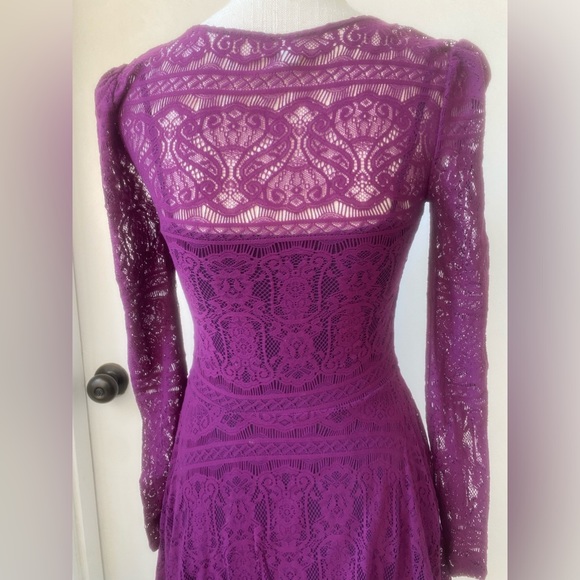 y2k free people magenta mesh & lace fit & flare long sleeve dress sz. xs - Picture 8 of 16